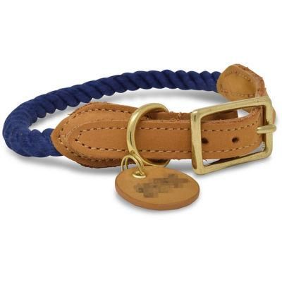 Personalized Rope Cotton Dog Collar with Genuine Leather