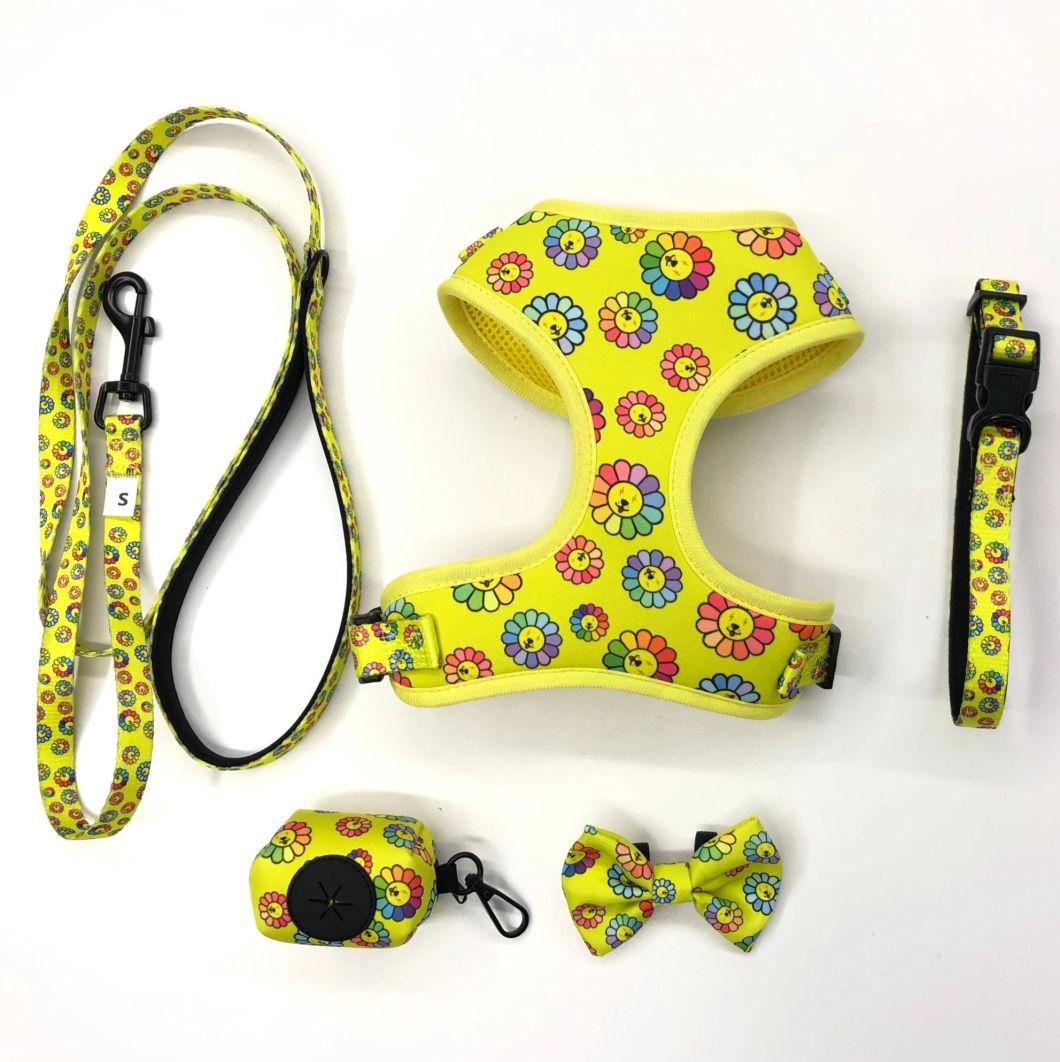 Adjustable Dog Harness Set with Matching Collar Lead Poop Bag Holder, Pet Leash