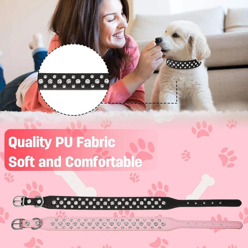 Three Rows Sparkling Rhinestones Pet Collar Durable PU Dog Collar