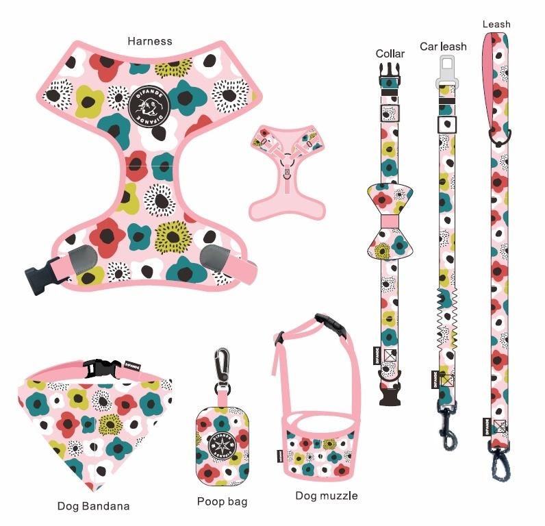 OEM Accept Adjustable Dog Collar Leash and Reversible Harness Set with Dog Bowtie Dog Pool Bag & Bandana