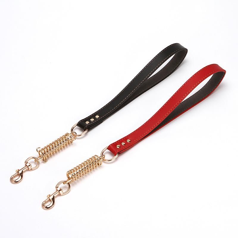 Leather Training Pet Leads Handmade Stainless Steel Metal Spring Elastic Bungee Dog Short Leash