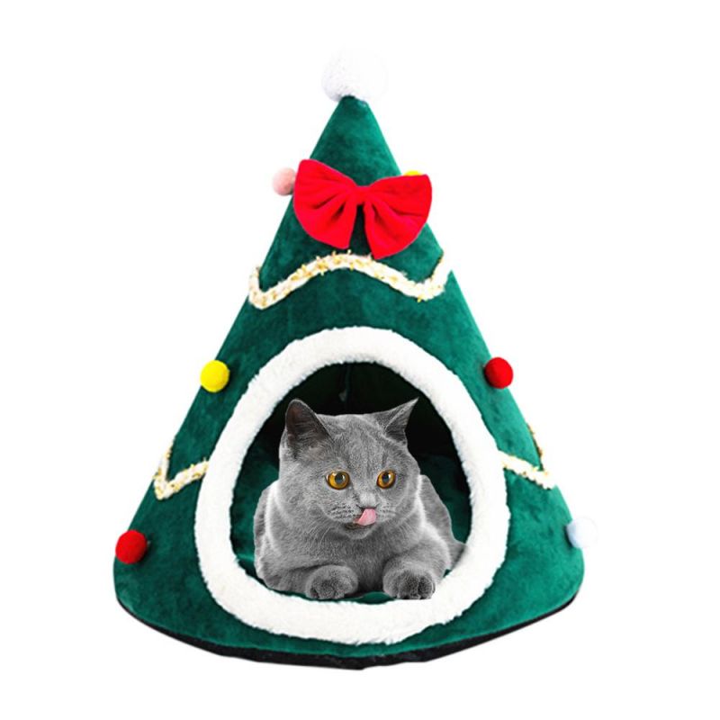 Christmas Tree Shape Dog Cat Bed House Home Warm Sleeping Bed Half Closed Bed