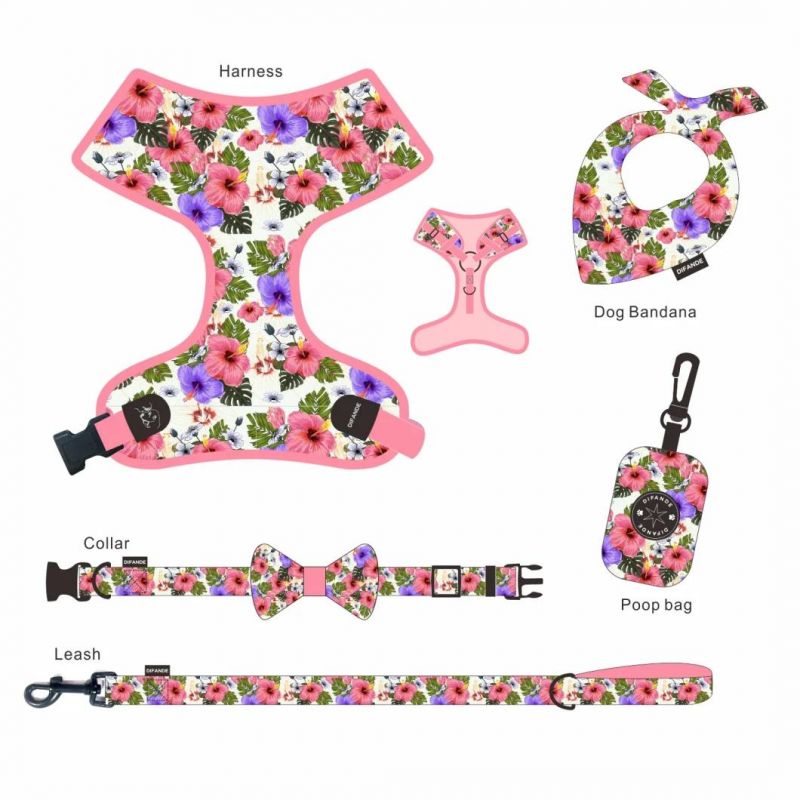 New Design Custom Printed Pet Collar Leash Neoprene Dog Harness Set with Poop Bag Holder