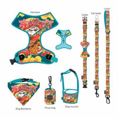6 in 1 Personalized Sublimation Heavy Duty Polyester Cute Pet Collar Dog Harness and Leash Set