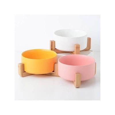 Ready to Ship Bamboo Frame Ceramic Bowl Drinking Solid Color Indoor Dog Bowls Set