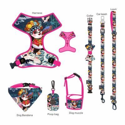 Manufacturers Designer Custom Pattern Luxury Printed Mesh 6 in 1 Reversible Dog Harness Collar Leash Bandana Set