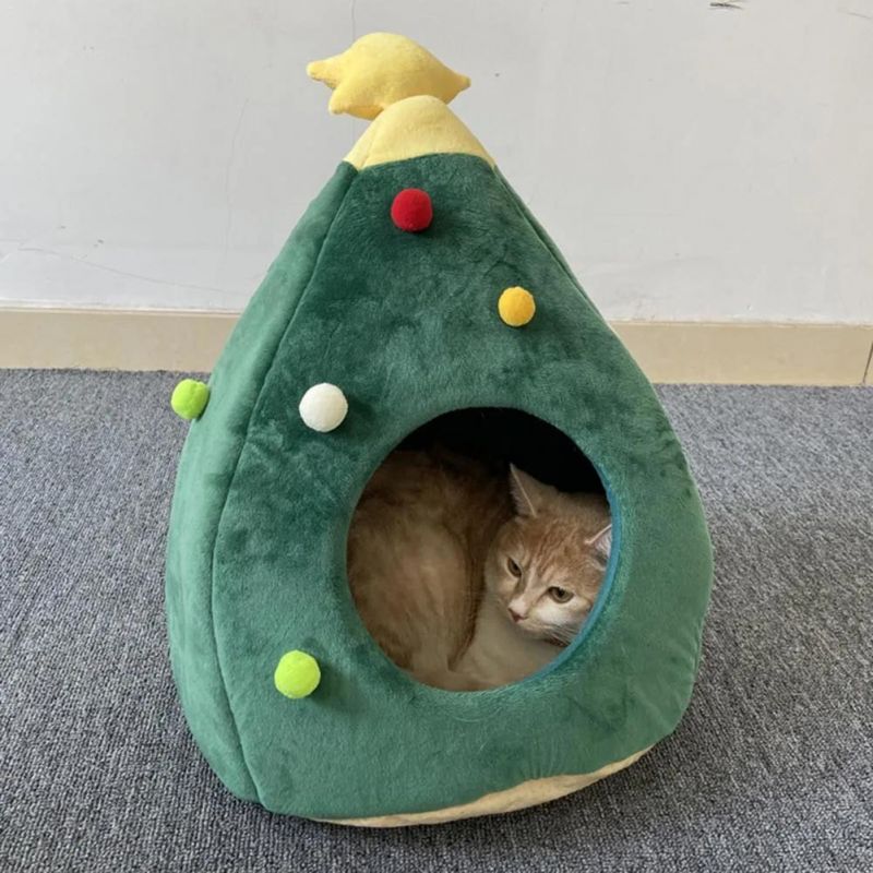 New Pet Cat Dog House Kennel Puppy Sleeping Bed Christmas Tree Shape Winter Warm Bed