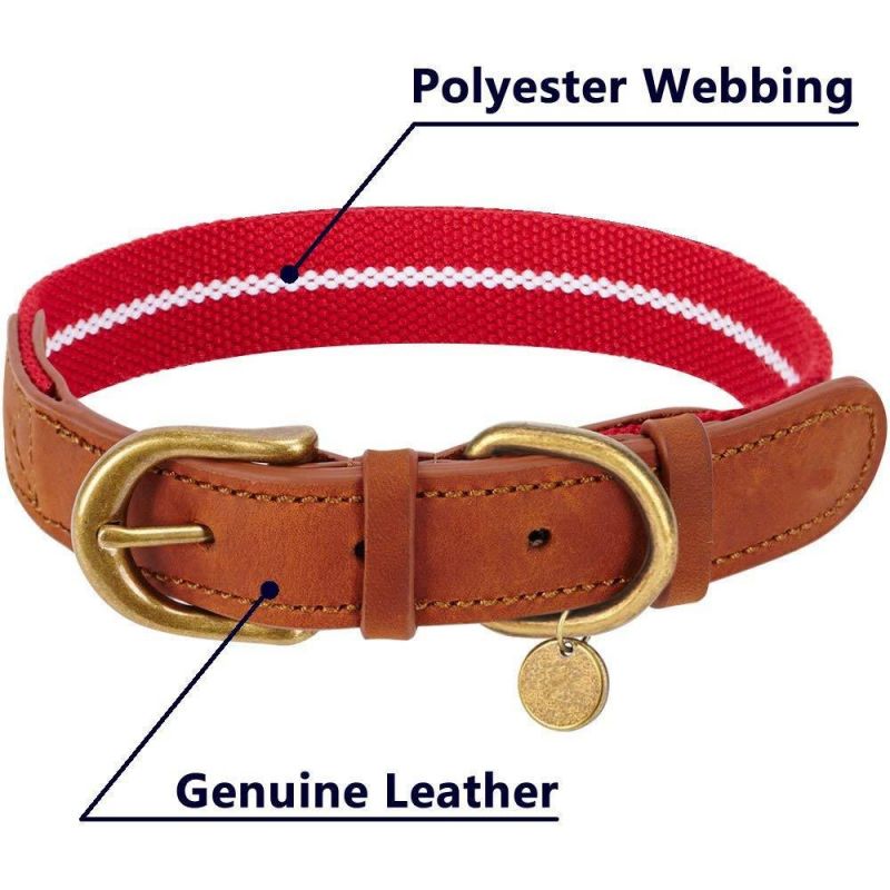 Red & White Color Leather & Polyester Pet Collar with The Comfortable Experience