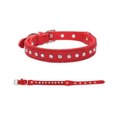 Soft Suede PU Leather Cat Collar with Bling Rhinestone