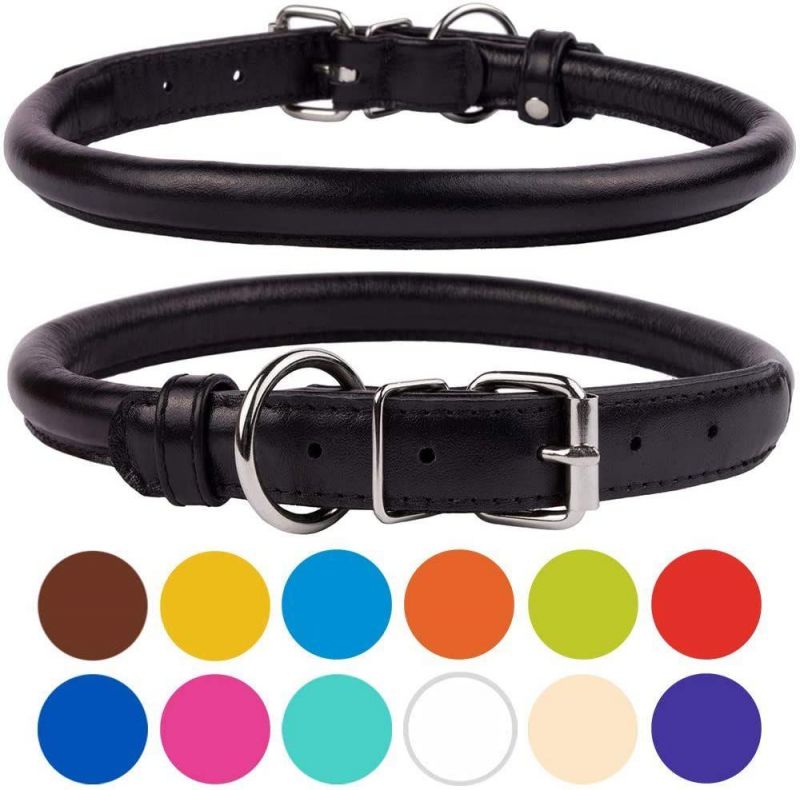 Rolled Leather Dog Collar, Soft Padded Round Puppy Collar