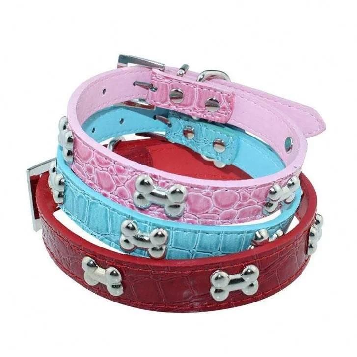 High Quality PU Leather Large Studded Cat Dog Collar with Dog Bone Shape