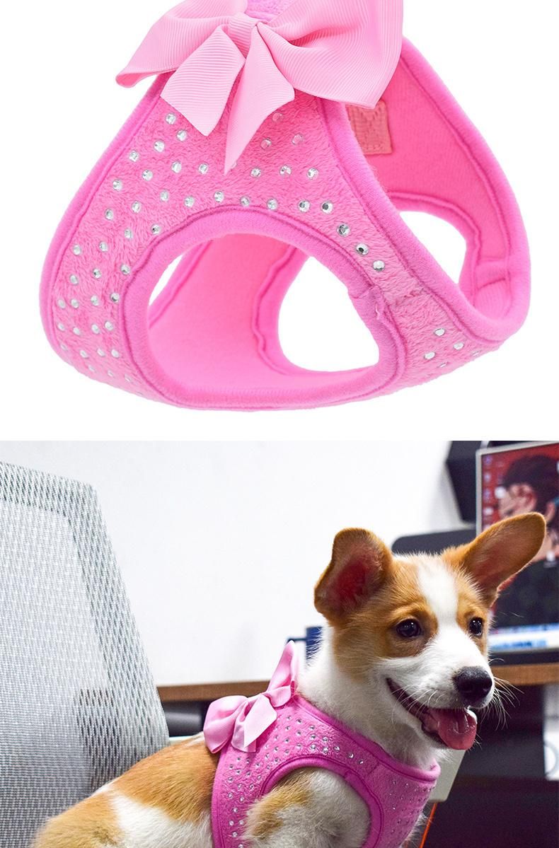 High Quality Luxury Soft Comfortable Diamond Pink Velvet Dog Harness for Small Dog