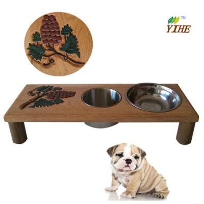 Dog Feeder, Car Feeder with Wood Carving Table and Stainless Steel Bowl