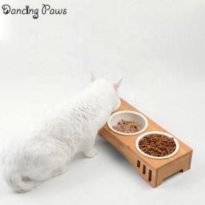 Bamboo Wooden Dining Table Cat Supplies Double Ceramic Food Set Pet Bowl