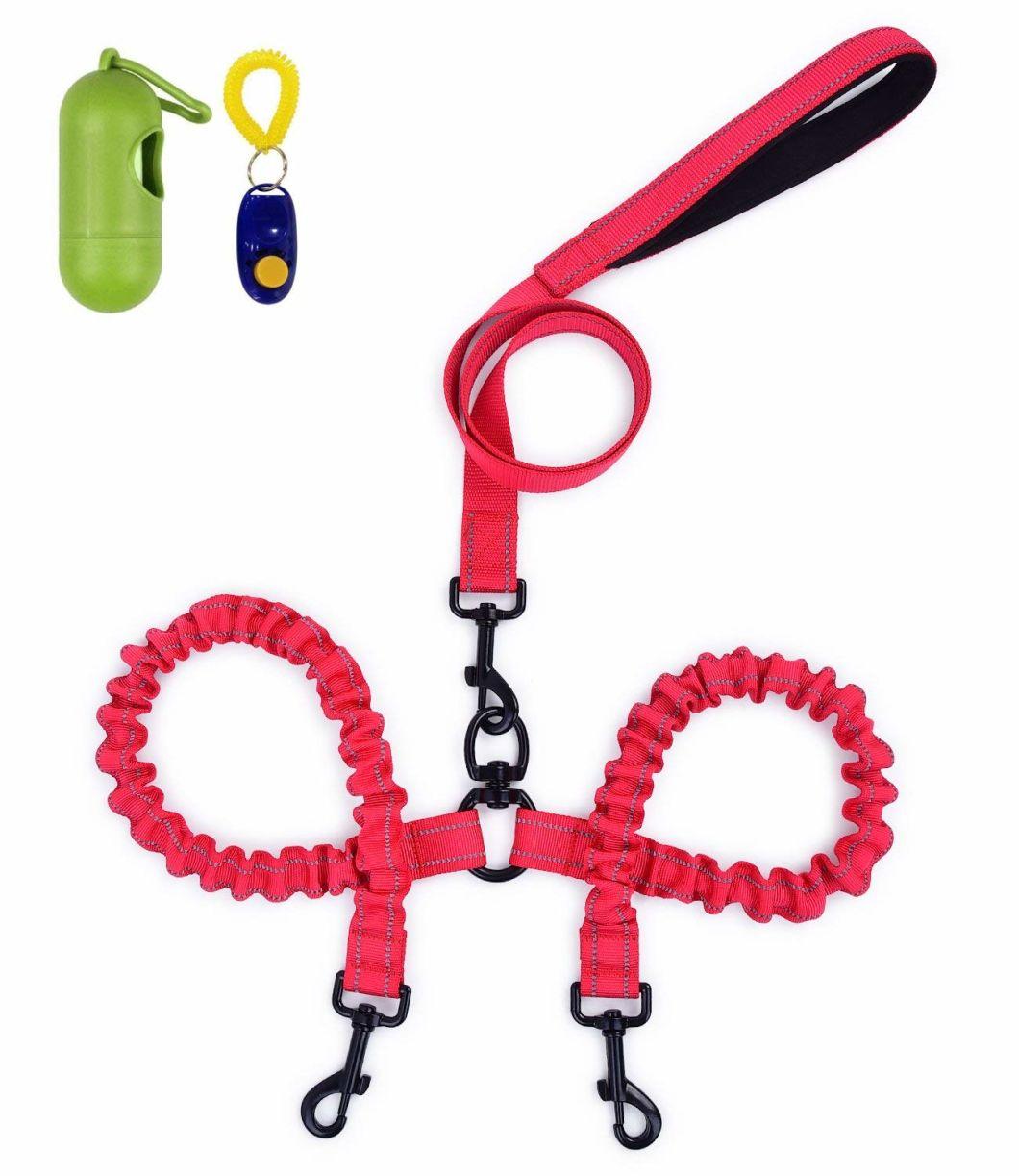 Red Color Double Dog Walking & Training Leash with Comfortable Shock Absorbing Reflective Bungee Two Dogs Waste Bag Dispenser Dog Train