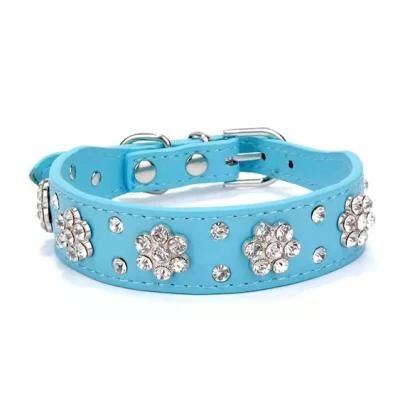 Rhinestones Flower Dog Collars Crystal Diamonds Studded PU Leather Pet Collar