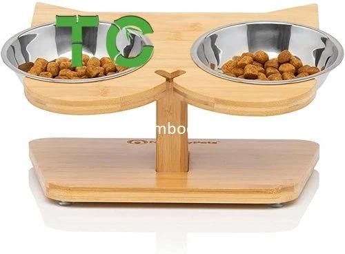 Wholesale Bamboo Raised Pet Feeder Elevated Cat Bowl Stand - 2 Stainless Steel Cat Bowls