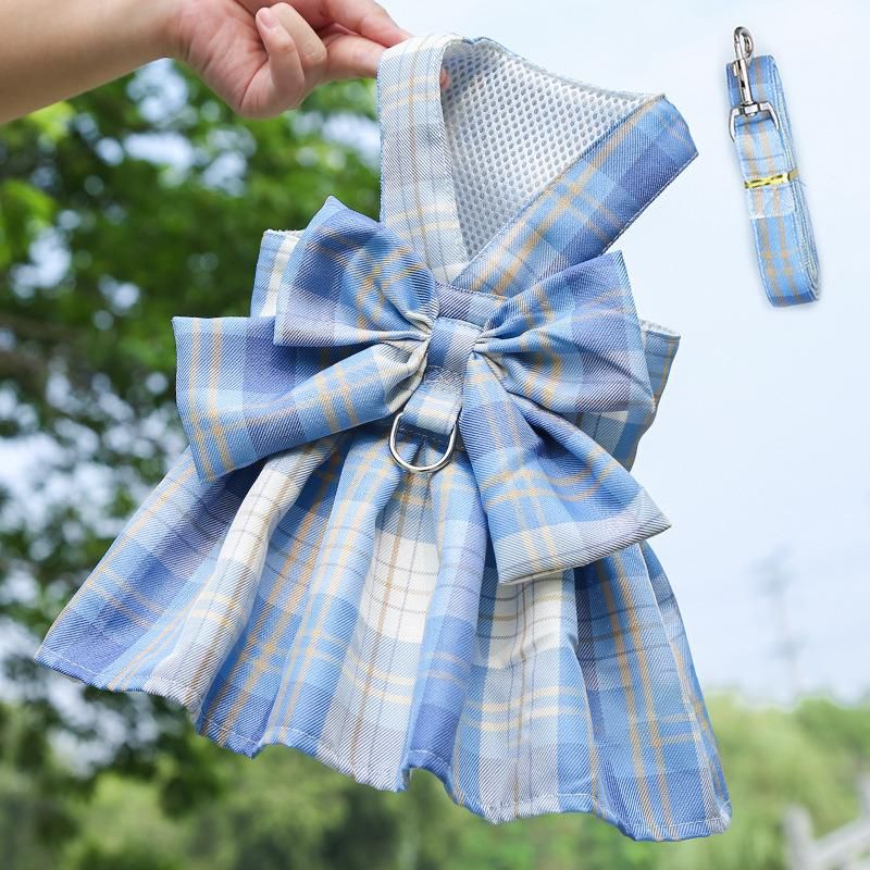 Plaid Pet Harness Vest with Dog Leash Bowknot Princess Dog Dress Puppy Costume Clothes