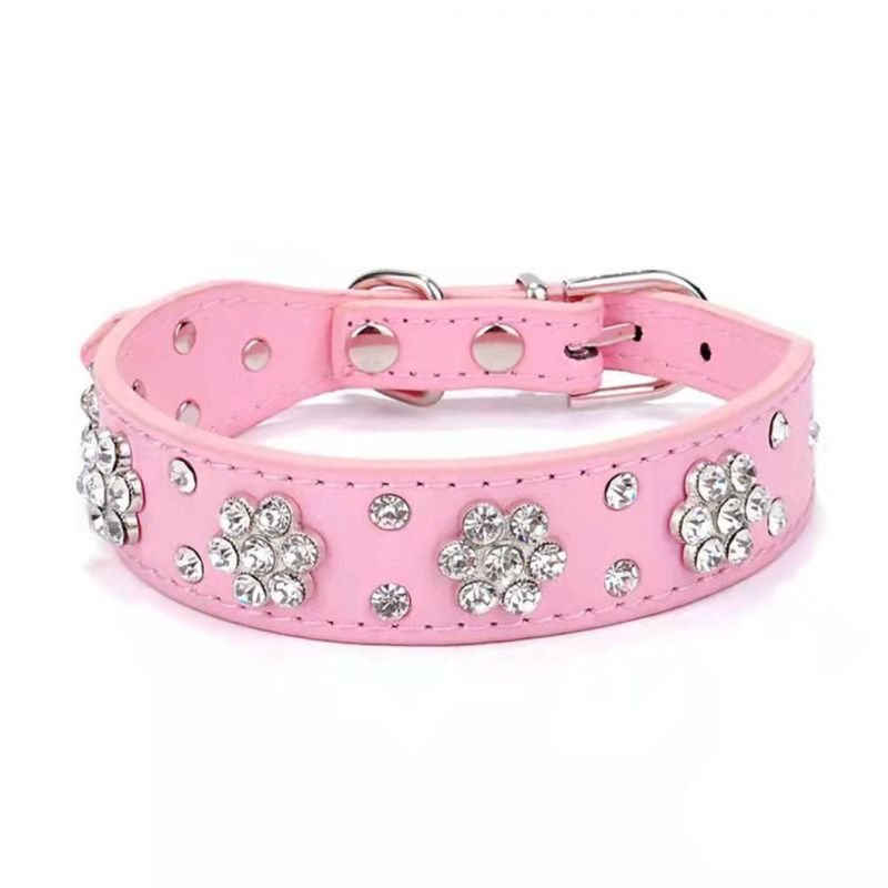 Dog Collar Cute Flower Rhinestone Dog Cat Collar PU Leather Pet Collar