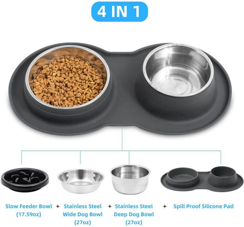 Dog No Spill Silicone Mat Puzzle Feeding Stainless Steel Bowl