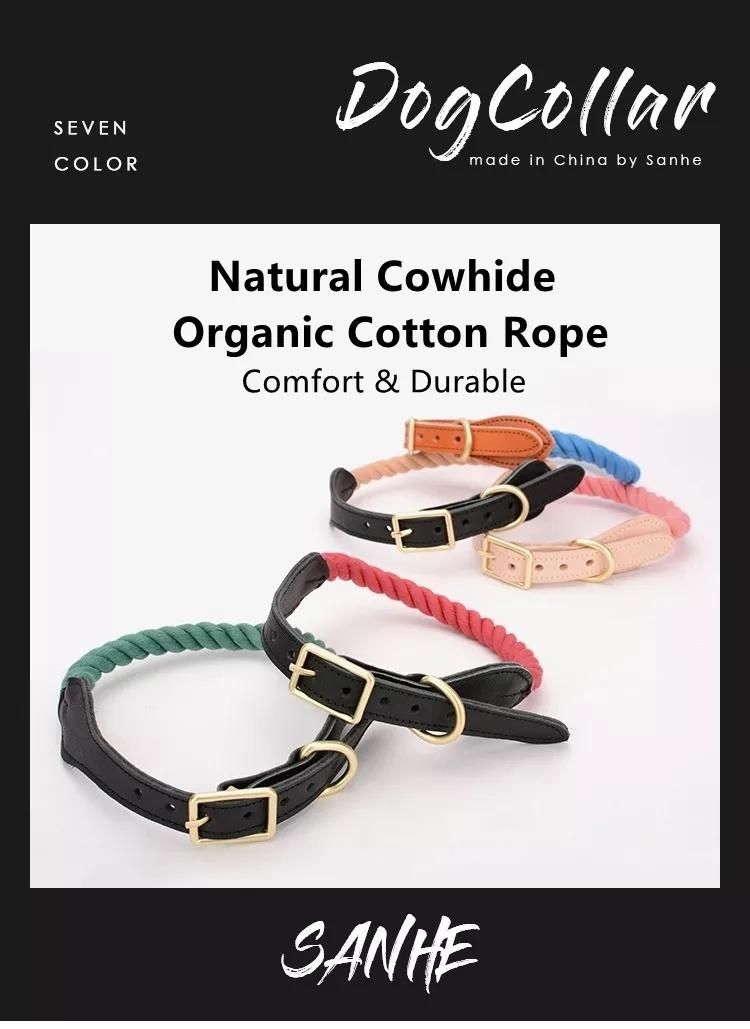 Luxury Cow Leather Organic Natural Cotton Braided Dog Climbing Rope Collar and Leash Set