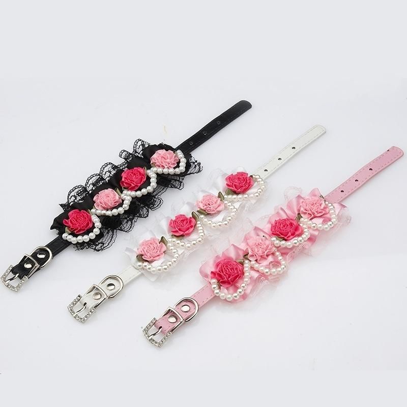 Flower Lace Pearl Designers PU Leather Dog Collar Pink Cat Collar Necklace Pet Accessories Supplies