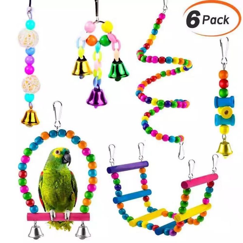 Pet Climbing Ladders Bird Wood Toys Hammock Swing Bell