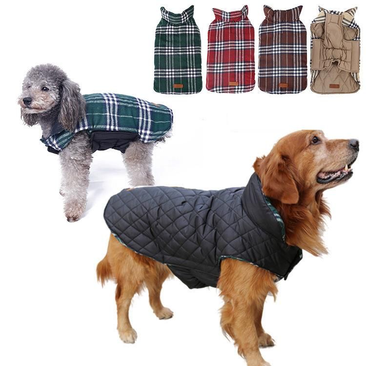 Dog Cold Weather Clothes British Style Plaid Dog Coat Warm Cotton Lined Vest Windproof Outdoor Apparel