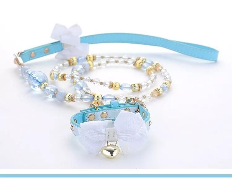 Fashion Jeweled Blue Bow Leather Dog Collars for Cat Small Dog Collares Necklace Designers Pet Accessories