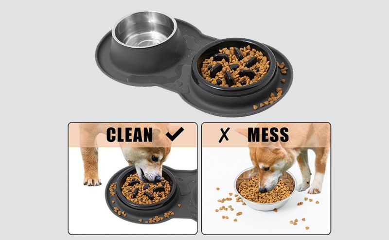 Dog No Spill Silicone Mat Puzzle Feeding Stainless Steel Bowl