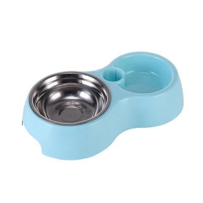Double Round Plastic Dog Bowl with Stainless Steel Bowl