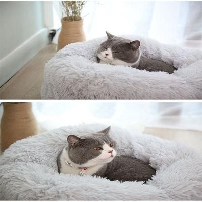 Long Faux Fur Pet Bed Comfortable Waterproof Plush Donut Round Soft Washable Cat Bed