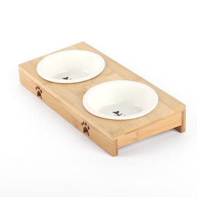 Bamboo Wooden Cat Bowl Holder Double Bowl Adjustable Height Pet Feeder Protects Cervical Vertebra Wooden Pet Bowl Holder