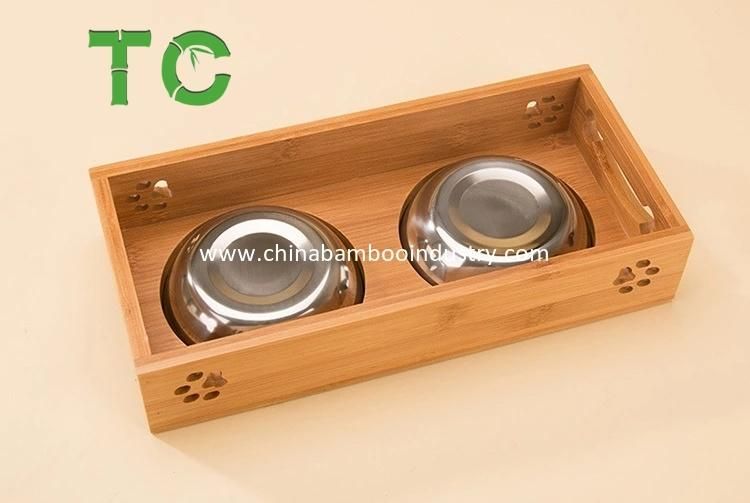 Customized Bamboo Pet Bowl Stand Elevated Dog Bowls with 2 Stainless Steel Bowls