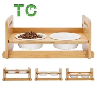 Hotselling Raised Dog Bowls Pet Bowls with 2 Ceramic Bowls Adjustable Bamboo Pet Feeder Elevated Feeder Stand Pet Bowl Pet Raised Bowls