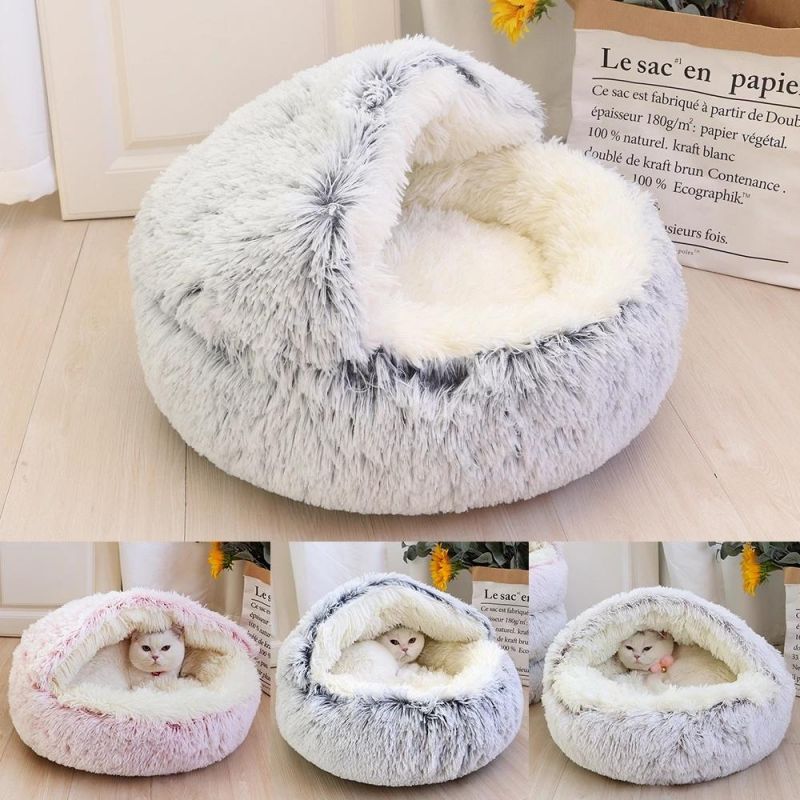 Cat Bed Round Long Plush Cat House Cave Pet Cushion