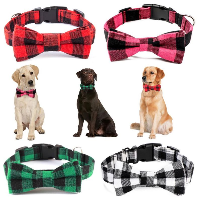 Small Medium Large Dogs Bowtie Pet Collar, Cotton Striped Colorful Plaid Adjustable Dog Collars//