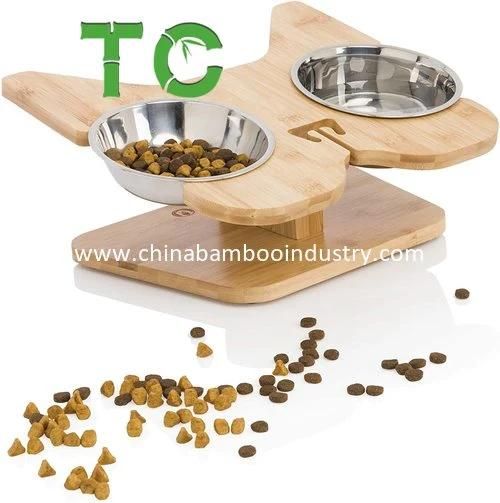 Wholesale Bamboo Raised Pet Feeder Elevated Cat Bowl Stand - 2 Stainless Steel Cat Bowls