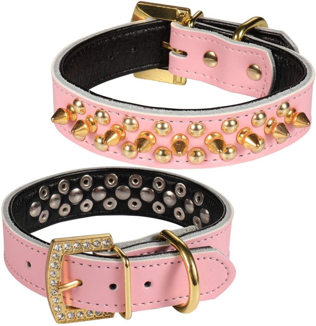 Luxury Gold Rhinestones Buckle Soft Leather Mushrooms Rivet and Gold Spikes Studded Personalized Collar