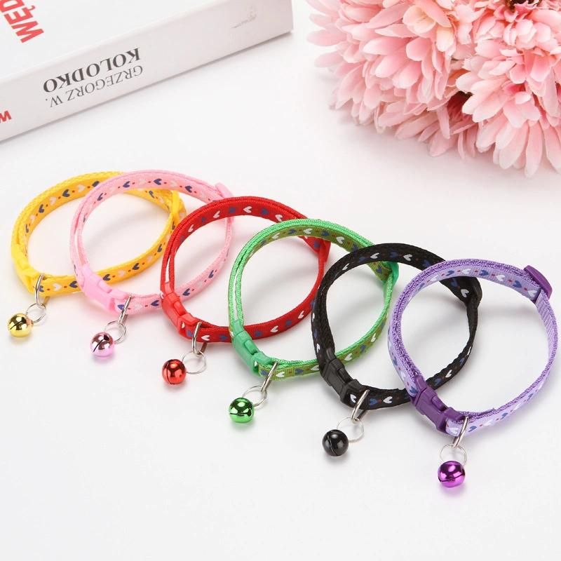 Wholesale Multi Colors Heart Shape Printed Adjustable Nylon Pet Cat Dog Collar with Bell