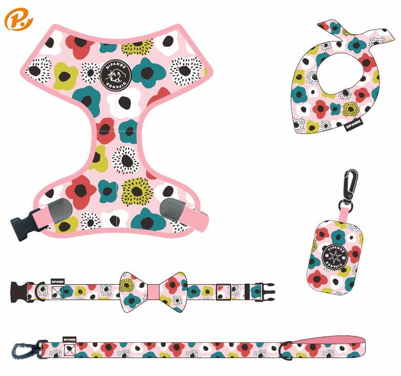 OEM Accept Adjustable Dog Collar Leash and Reversible Harness Set with Dog Bowtie Dog Pool Bag & Bandana