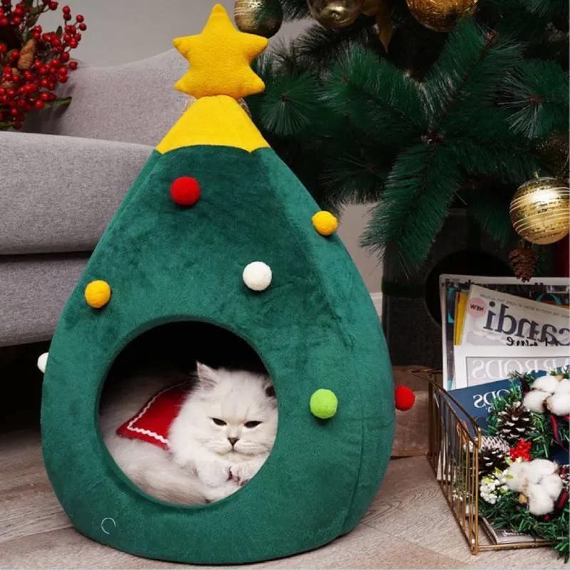 New Pet Cat Dog House Kennel Puppy Sleeping Bed Christmas Tree Shape Winter Warm Bed