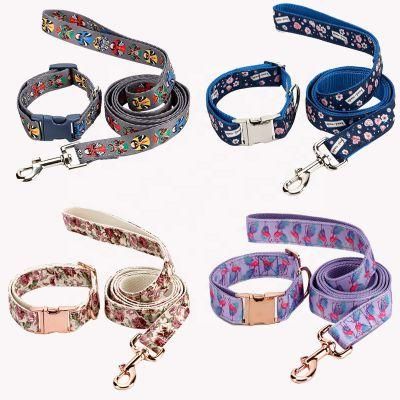 Best Selling Luxury Custom Print Logo Pet Adjustable Polyester Dog Leash Collar Metal Buckle Set