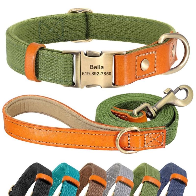 Hot Sales Genuine Leather Matching Polyester Cotton Pet Dog Collar and Leash Set