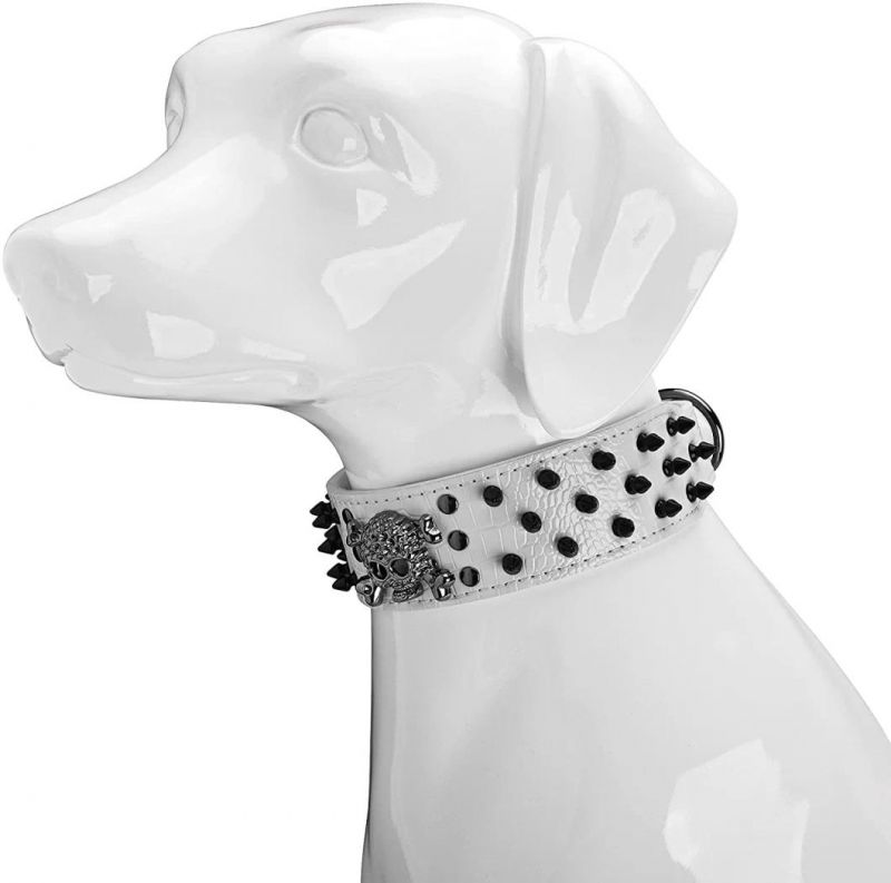 Dog PU Leather Collar with Cool Skull and Spiked Rivets Studded Pet Collar