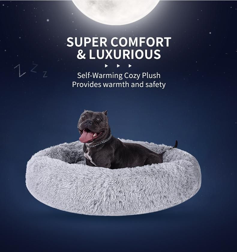 Long Faux Fur Pet Bed Comfortable Waterproof Plush Donut Round Dog Bed Cat Bed Removable Pet Cushion