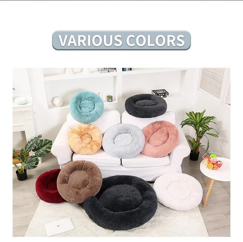 Long Faux Fur Pet Bed Comfortable Waterproof Plush Donut Round Dog Bed Cat Bed Removable Pet Cushion