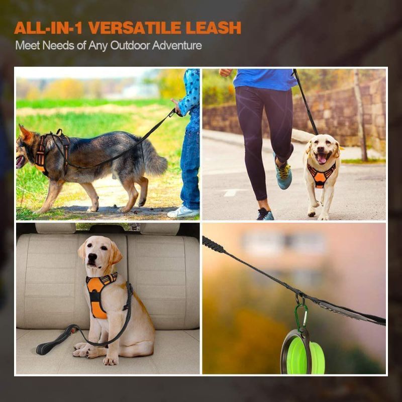 Bungee Dog Walking Leash, 5.6FT Heavy Duty with 2 Control Handles & Car Seat Belt