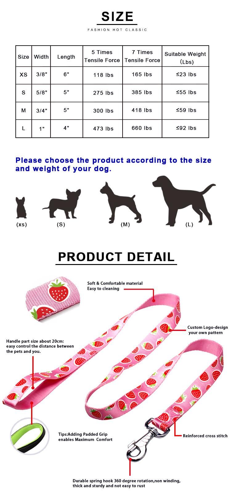Amazon Same Style Pink Leash Lovely Silk Screen Pattern Nylon Material Pet Training Dog Leash