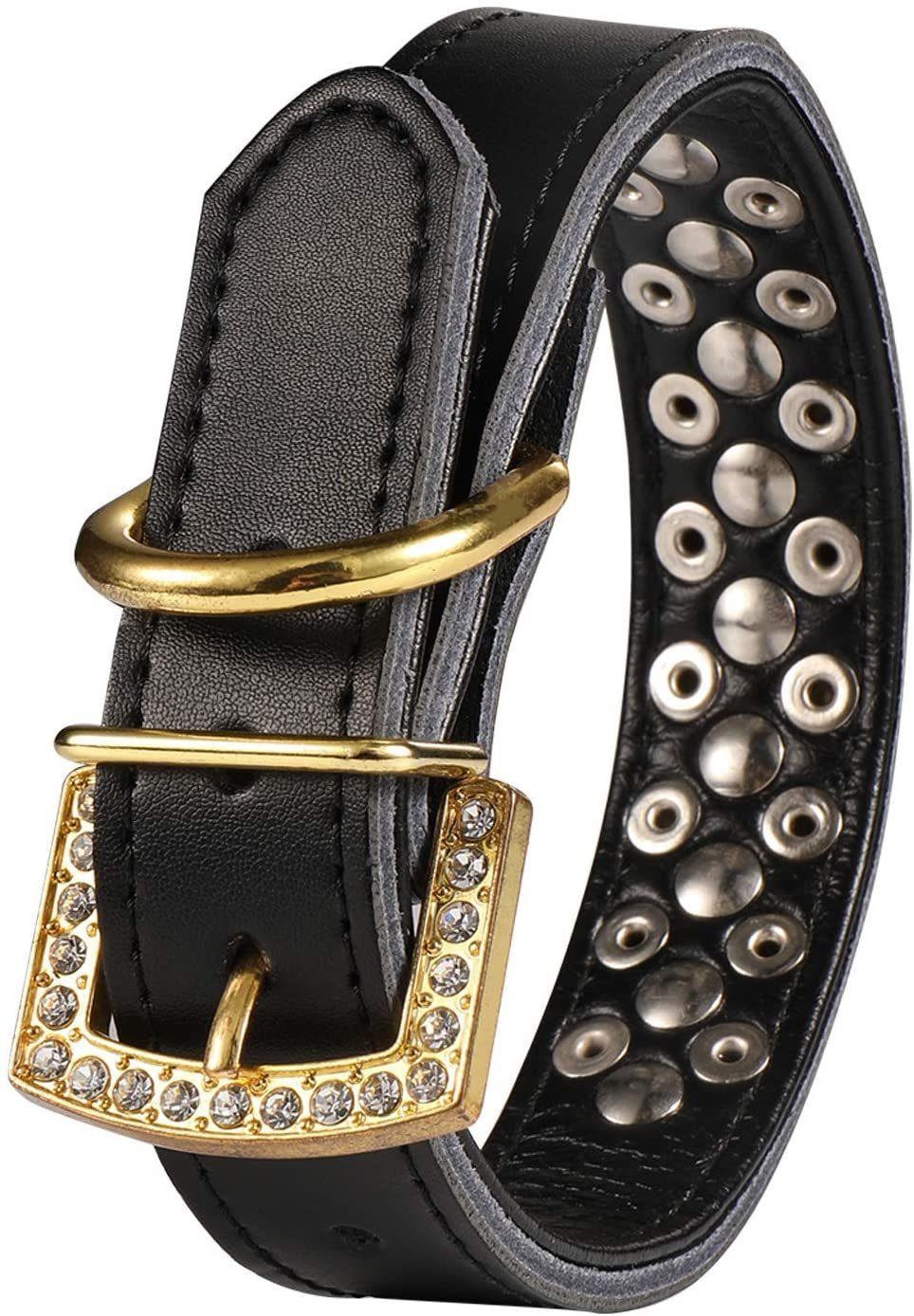 Luxury Gold Rhinestones Buckle Soft Leather Mushrooms Rivet Dog Collar